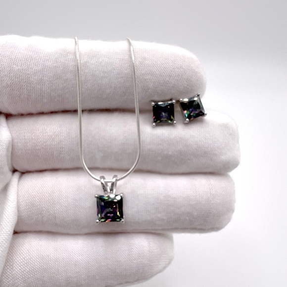 .925 Sterling Silver Rainbow Topaz Cz Necklace & Earring Set - Picture 4 of 16